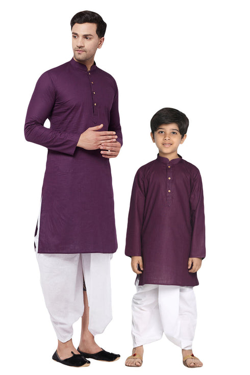 VASTRAMAY Purple Cotton Baap Beta Kurta Dhoti Set